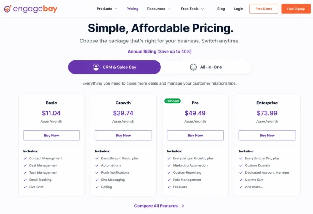 EngageBay pricing page with CRM & Sales Bay selected, annual billing shown, and Basic, Growth, Pro, and Enterprise plan cards.