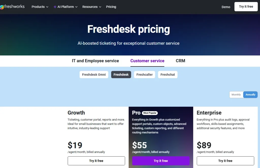 Freshdesk pricing page showing Growth, Pro, and Enterprise customer service plans