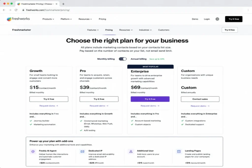 Freshmarketer pricing mockup showing marketing contacts, Dedicated IP, and Freddy AI Agent add-ons.