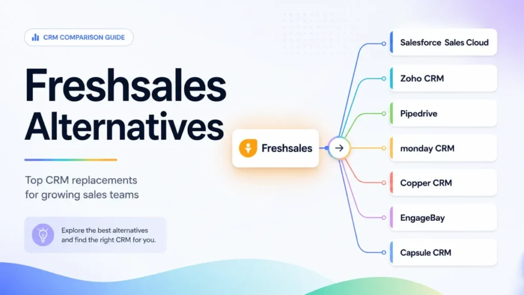 Freshsales Alternatives featured image showing Freshsales branching to Salesforce Sales Cloud, Zoho CRM, Pipedrive, monday CRM, Copper CRM, EngageBay, and Capsule CRM.