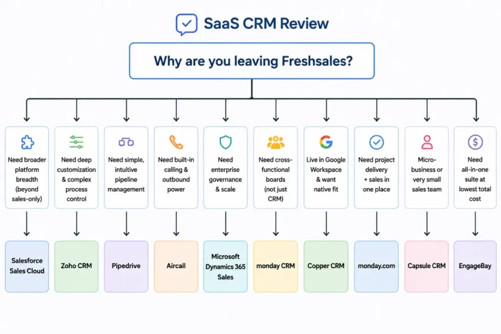 SaaS CRM Review decision tree routing ten reasons for leaving Freshsales to different CRM and sales-platform alternatives.