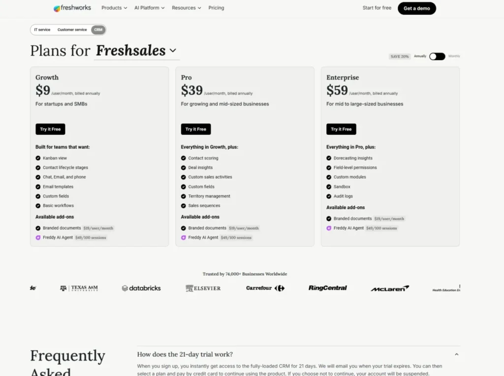 Freshsales annual pricing page showing Growth at $9, Pro at $39, and Enterprise at $59 per user per month, with feature lists, customer logos, and a 21-day trial FAQ.