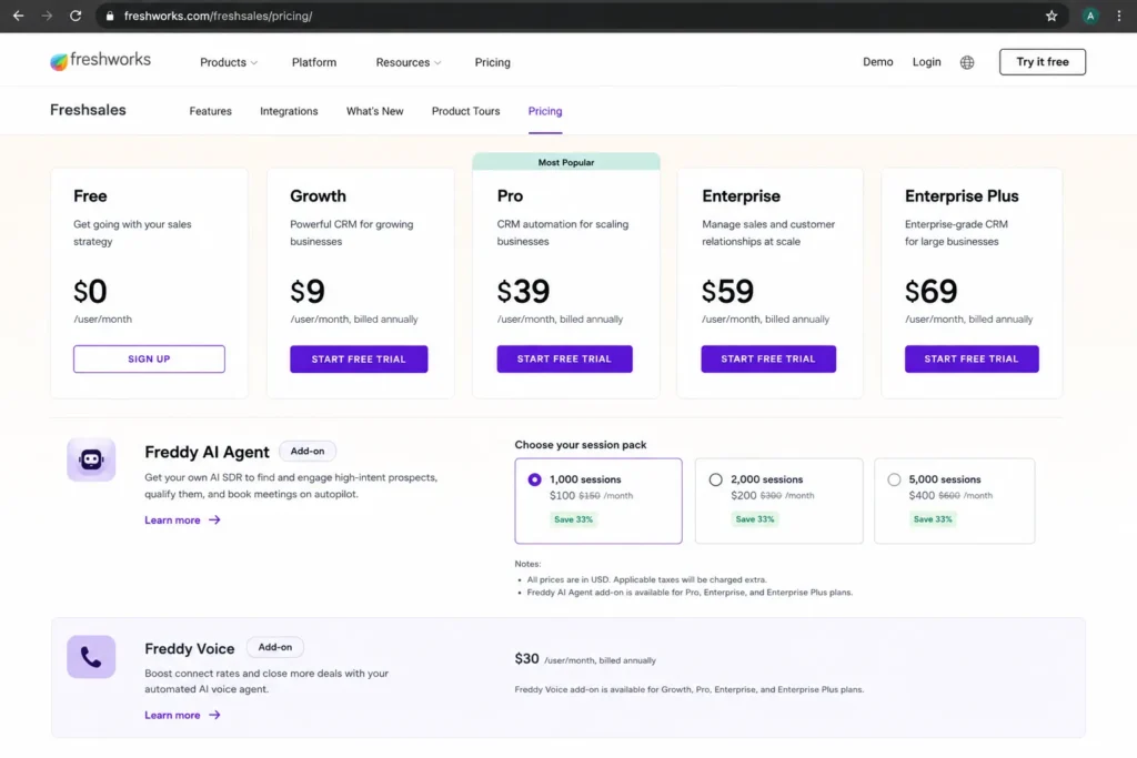 Freshsales pricing page mockup showing Freddy AI Agent session packs add-on section