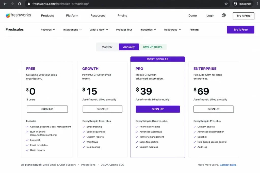 Freshsales pricing page mockup showing free plan for 3 users with built-in phone and live chat features
