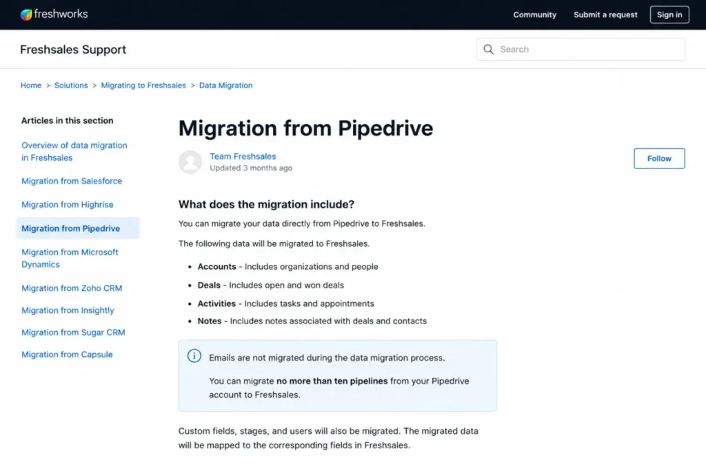 Freshsales migration from Pipedrive article showing email exclusion and ten-pipeline limit