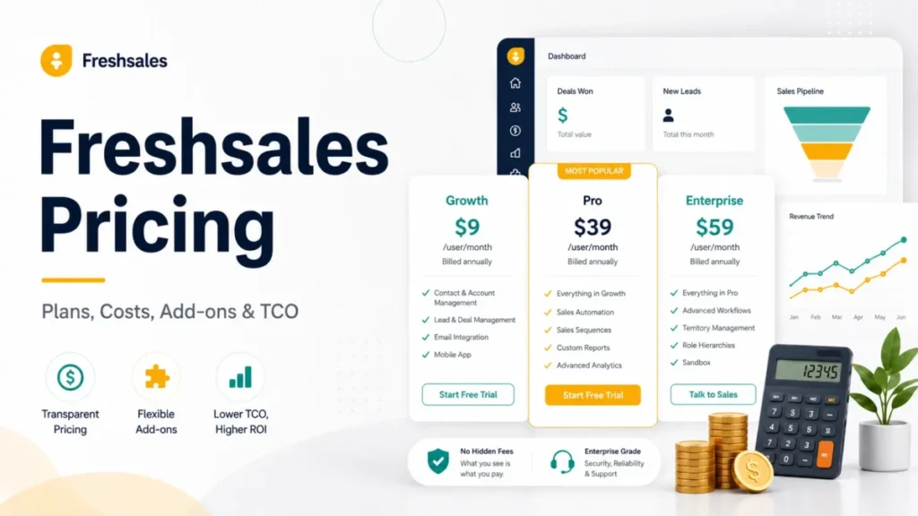 Freshsales pricing 2026 with Growth, Pro and Enterprise plan costs