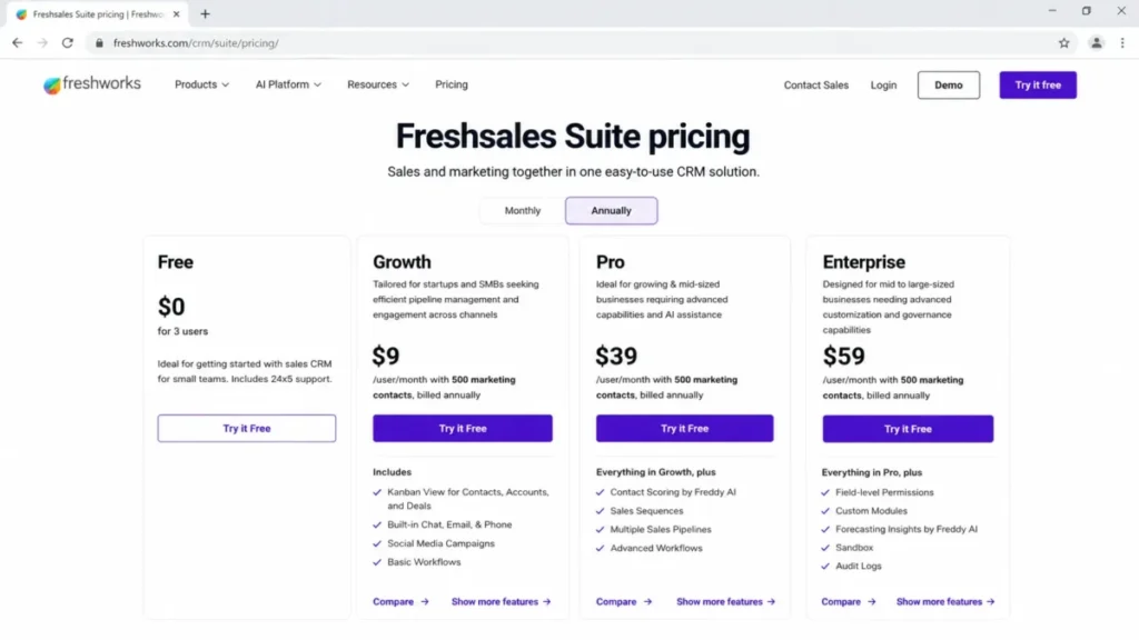 Freshsales Suite pricing page showing Free, Growth, Pro, and Enterprise plans with annual billing