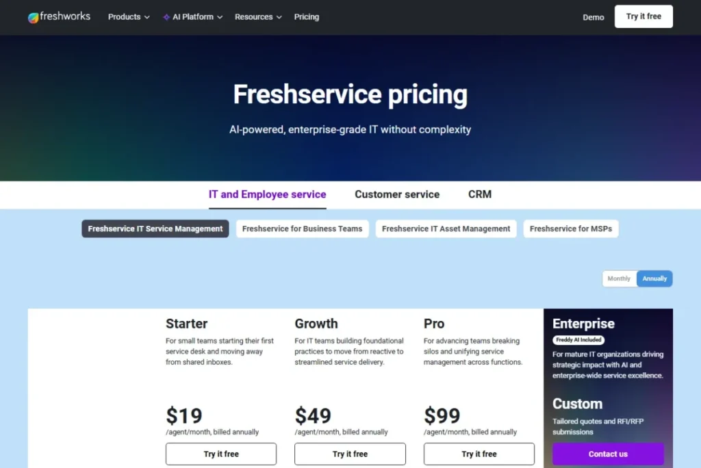 Freshservice pricing page showing Starter, Growth, Pro, and Enterprise IT service management plans