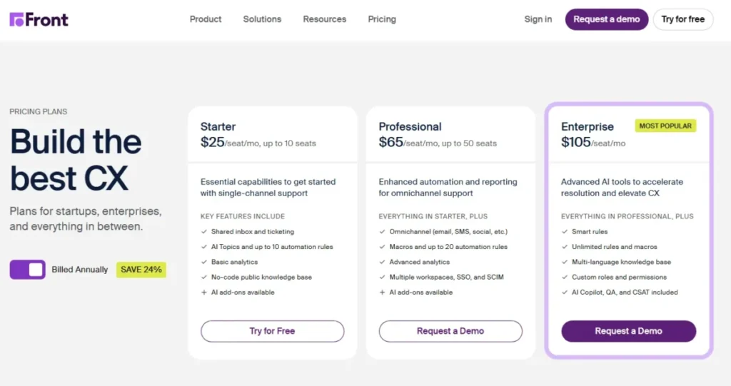 Front pricing page showing Starter, Professional, and Enterprise plans