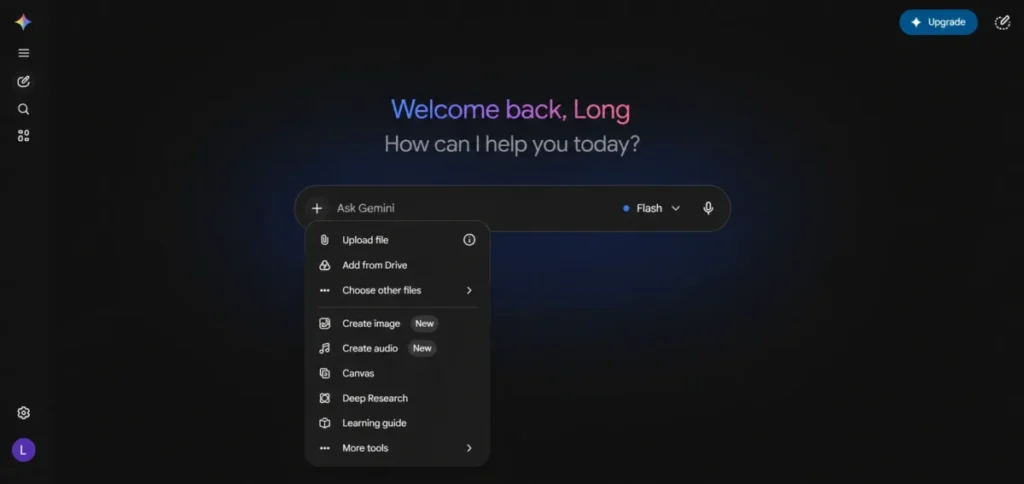 Google Gemini dark-mode interface with the file upload and tools menu open