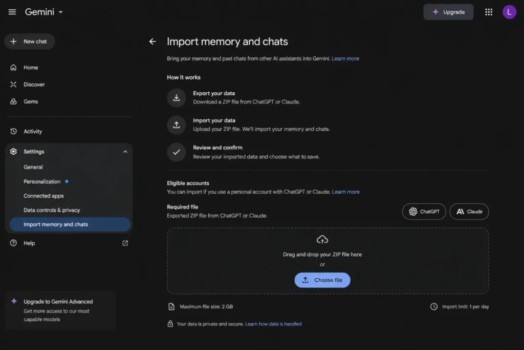 Google Gemini Import memory and chats screen for uploading ChatGPT or Claude ZIP exports