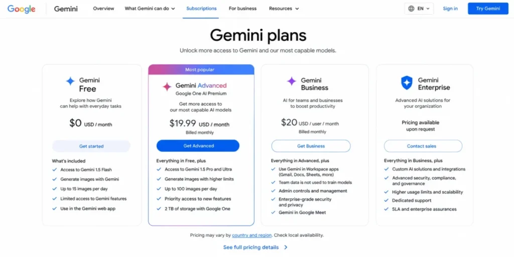 Google Gemini plans page showing Free, Advanced, Business, and Enterprise tiers with image generation access