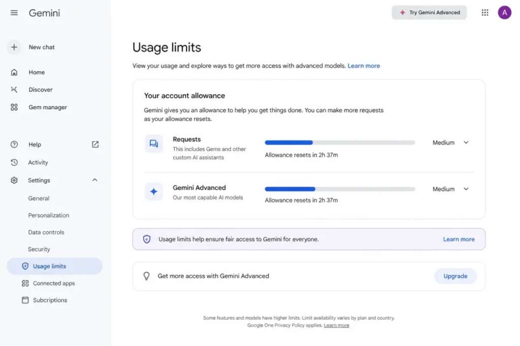 Google Gemini Usage Limits screen showing account allowance and reset window
