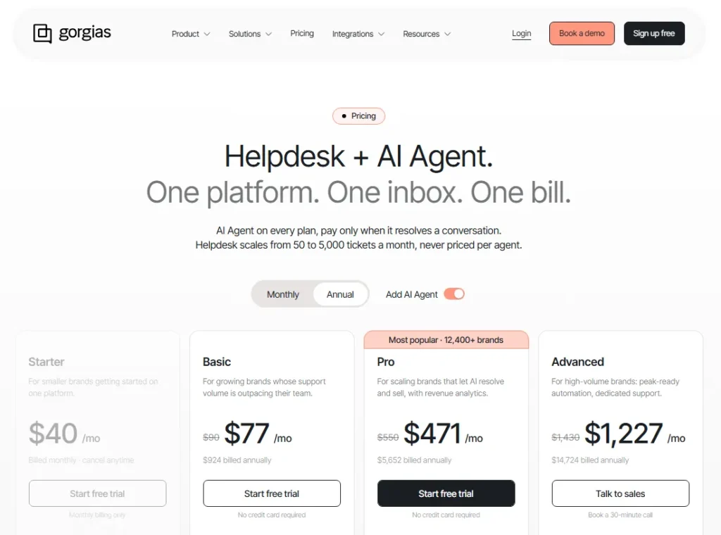 Gorgias pricing page showing Helpdesk and AI Agent plans with Basic, Pro, and Advanced tiers
