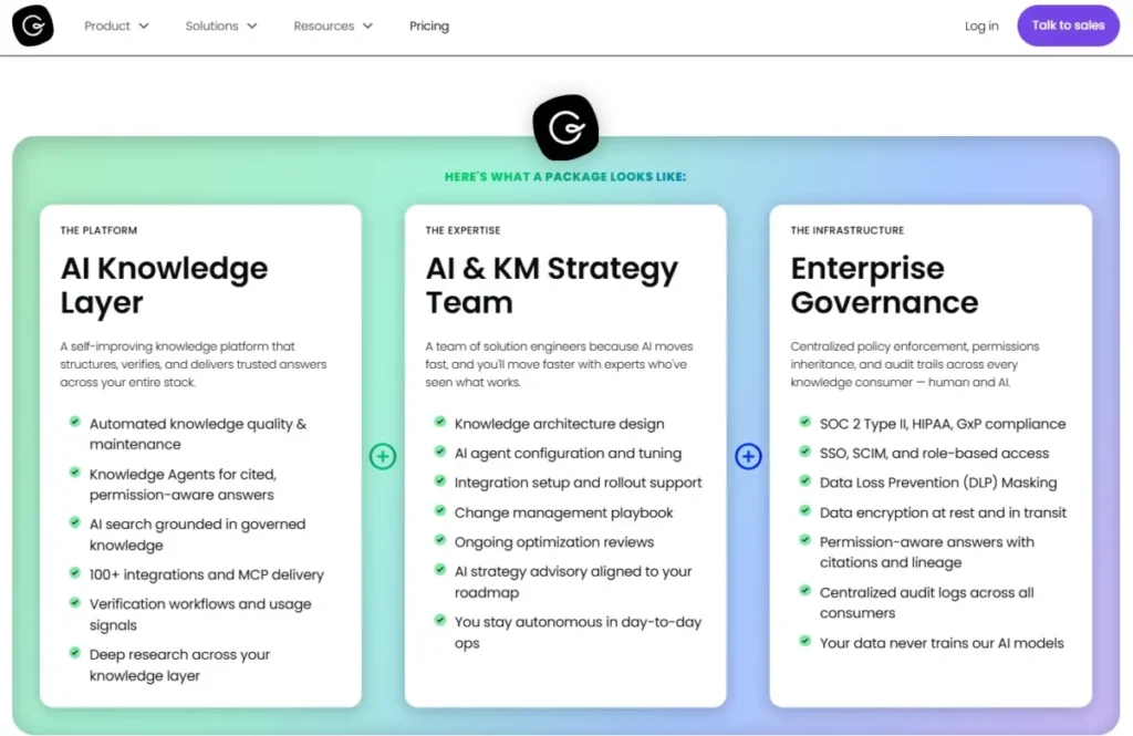 Guru package overview showing AI Knowledge Layer, AI and knowledge management strategy services, and enterprise governance capabilities.