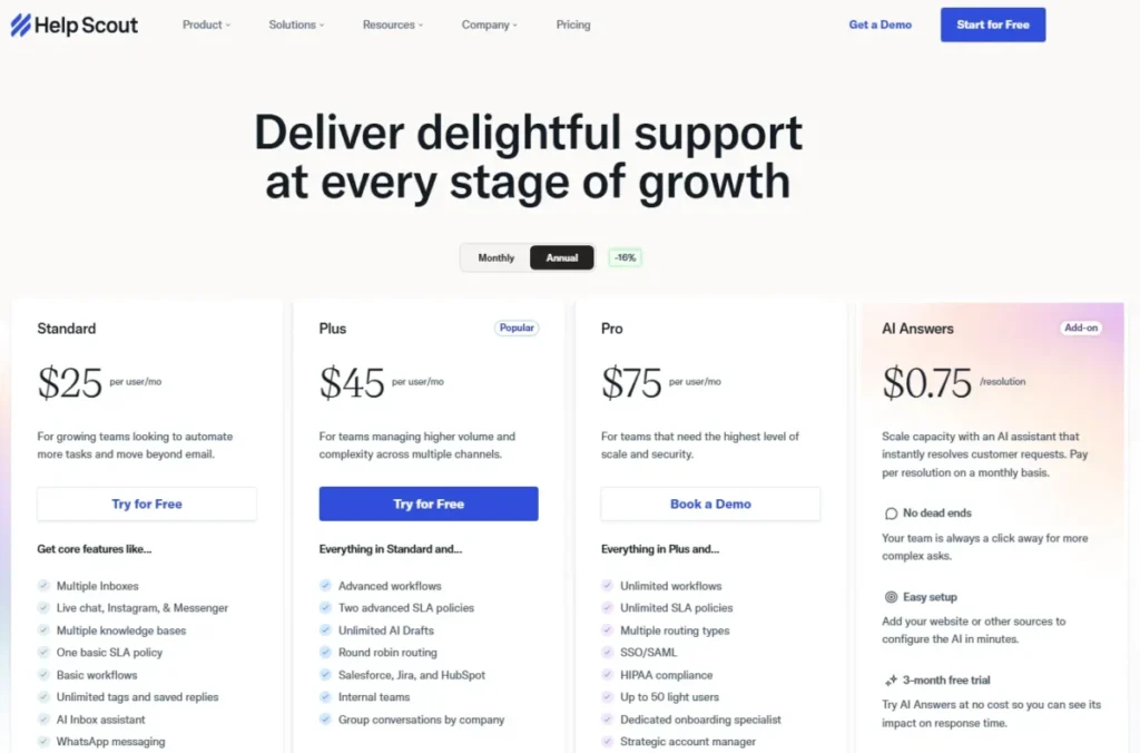 Help Scout pricing page showing Standard, Plus, Pro, and AI Answers add-on plans