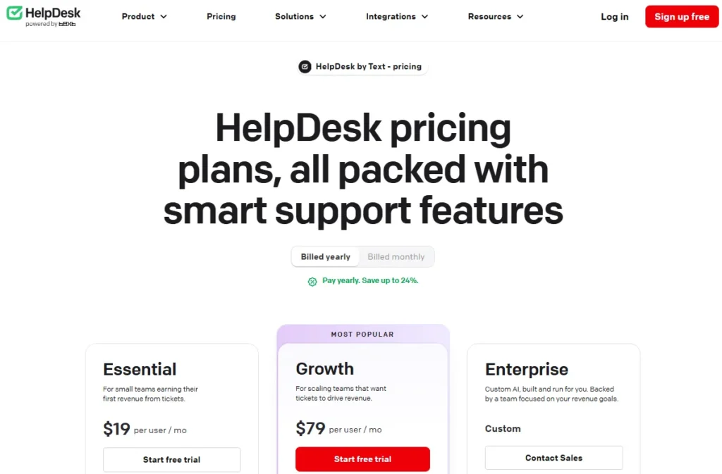 HelpDesk pricing page showing Essential, Growth, and Enterprise plans