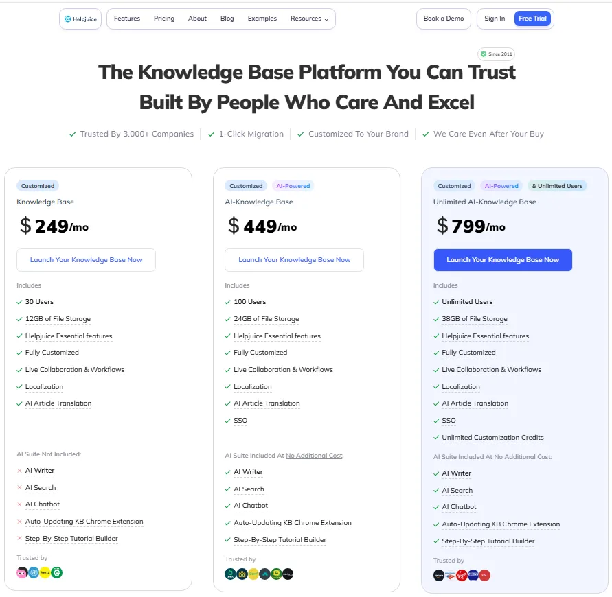 Helpjuice pricing page showing $249, $449, and $799 monthly knowledge base plans with 30, 100, and unlimited users.