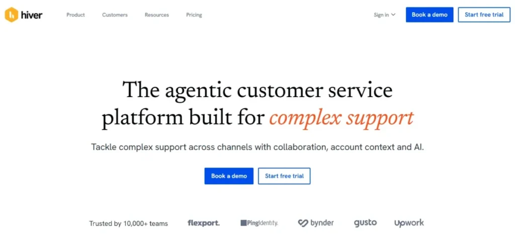 Hiver homepage showing agentic customer service platform for complex support