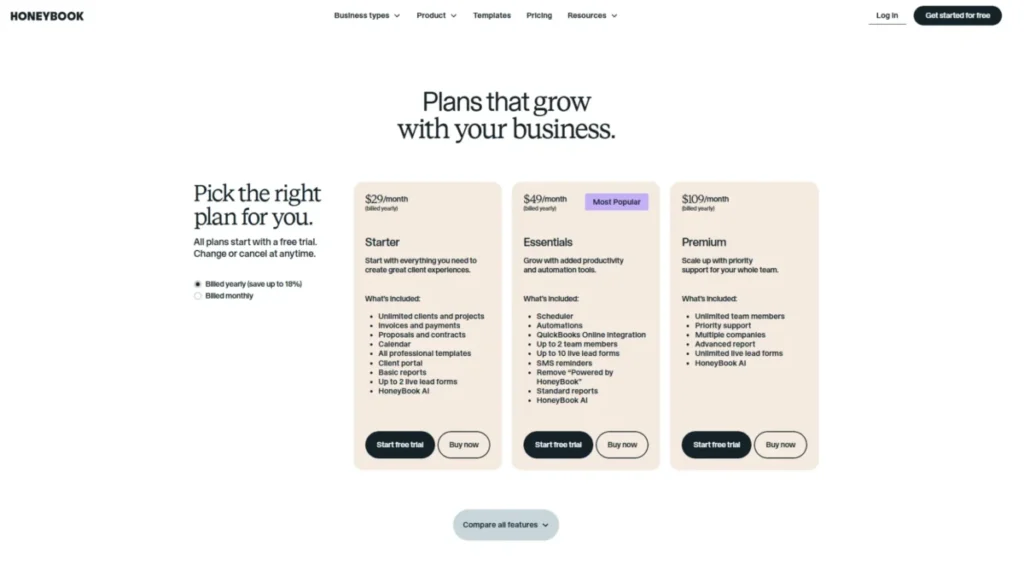 HoneyBook pricing page showing Starter, Essentials, and Premium plans with annual billing selected