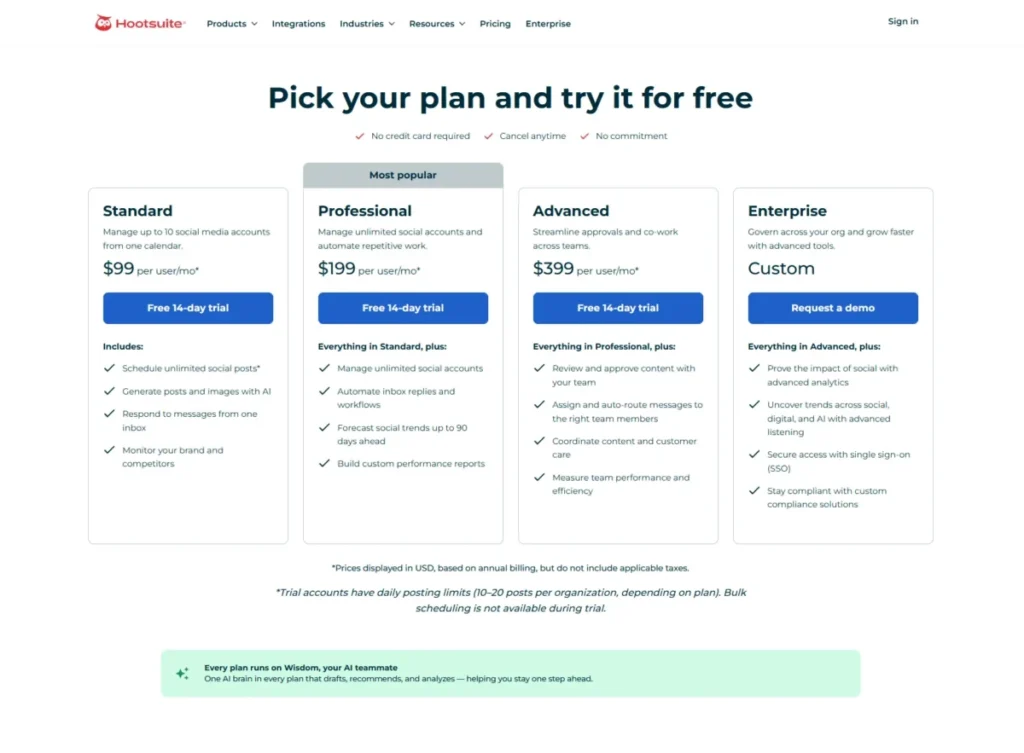 Hootsuite pricing page showing Standard, Professional, Advanced, and Enterprise plans with free 14-day trial options