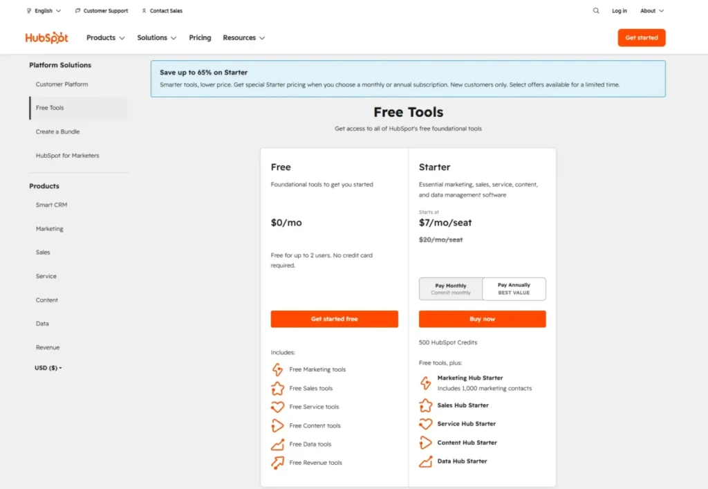 HubSpot CRM pricing page showing Free Tools and Starter plans with Smart CRM product categories