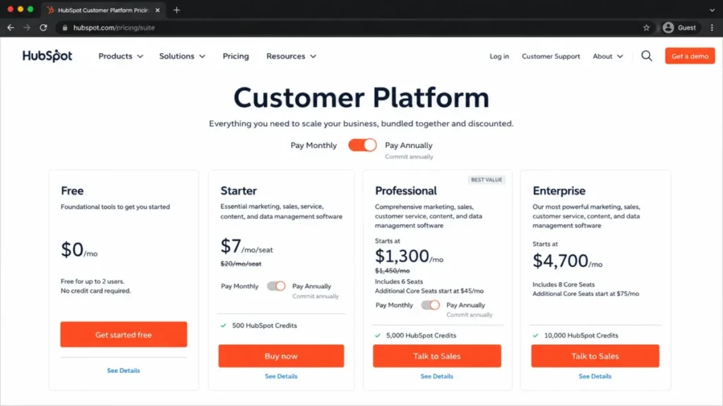 HubSpot Customer Platform pricing page showing Free, Starter, Professional, and Enterprise plans