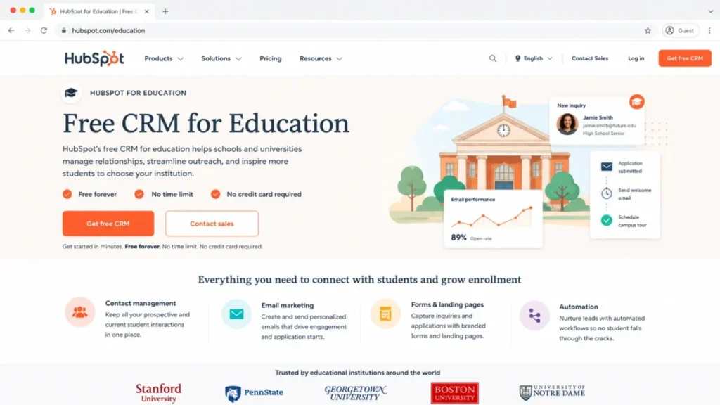 HubSpot education CRM page showing free CRM messaging with no time limit and no credit card required.
