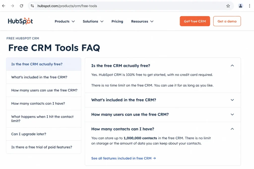 HubSpot Free CRM Tools FAQ page showing free CRM details and no time limit