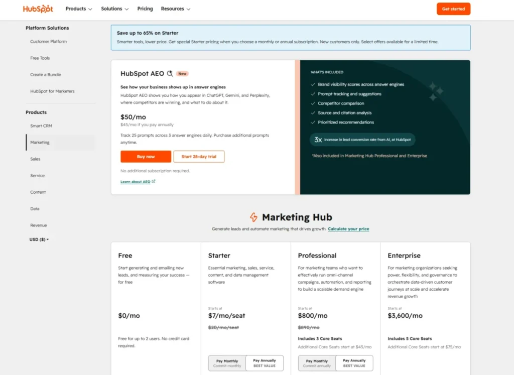 HubSpot Marketing Hub pricing page showing Free, Starter, Professional, and Enterprise plans with monthly pricing and tier details.