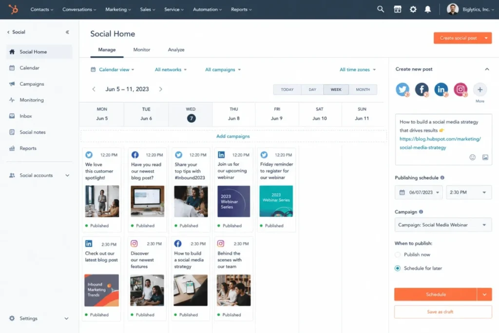 HubSpot Marketing Hub social publishing dashboard showing a calendar view, connected social networks, and post scheduling panel.