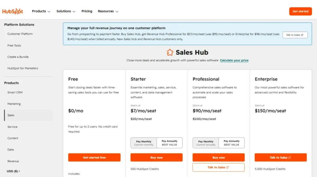 HubSpot Sales Hub pricing showing Free $0, Starter $7, Professional $90, and Enterprise $150 per seat per month