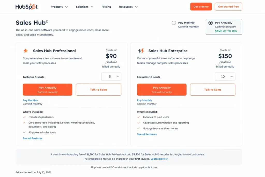 HubSpot Sales Hub Professional and Enterprise pricing with mandatory onboarding fees
