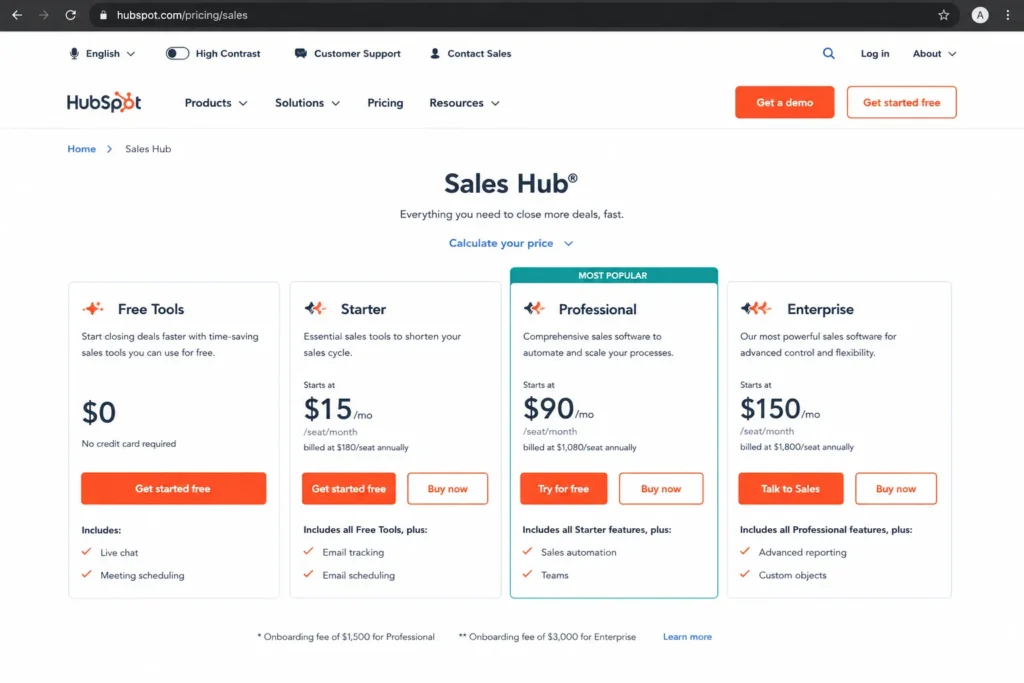 HubSpot Sales Hub pricing page mockup showing Free, Starter, Professional, and Enterprise plans with onboarding fee notes