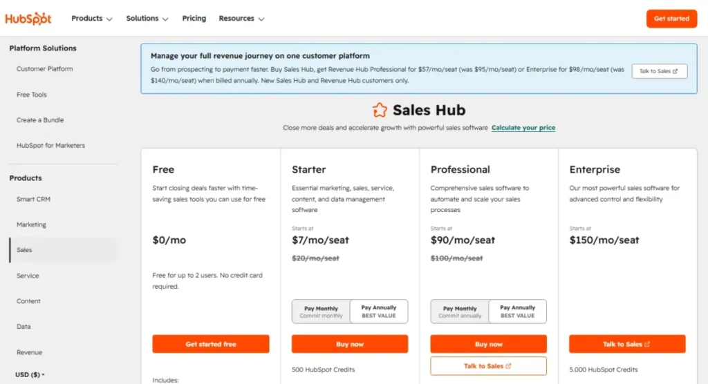 HubSpot Sales Hub pricing showing Free, Starter, Professional, and Enterprise plans