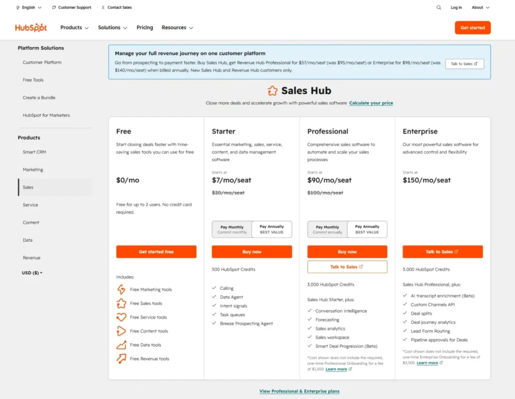 HubSpot Sales Hub pricing page showing Free, Starter, Professional, and Enterprise plans with annual pricing selected.