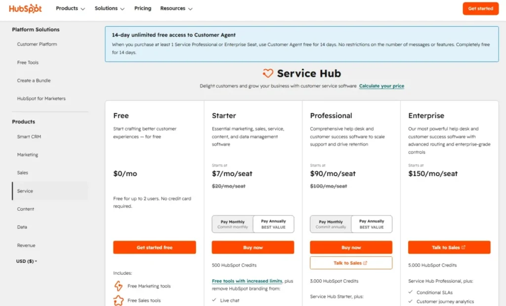 HubSpot Service Hub pricing page showing Free, Starter, Professional, and Enterprise plans