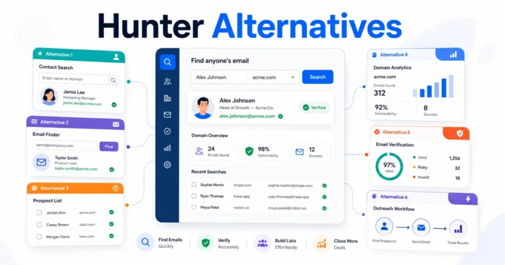 Hunter alternatives for email finding, verification, prospecting, domain analysis, and outreach workflows