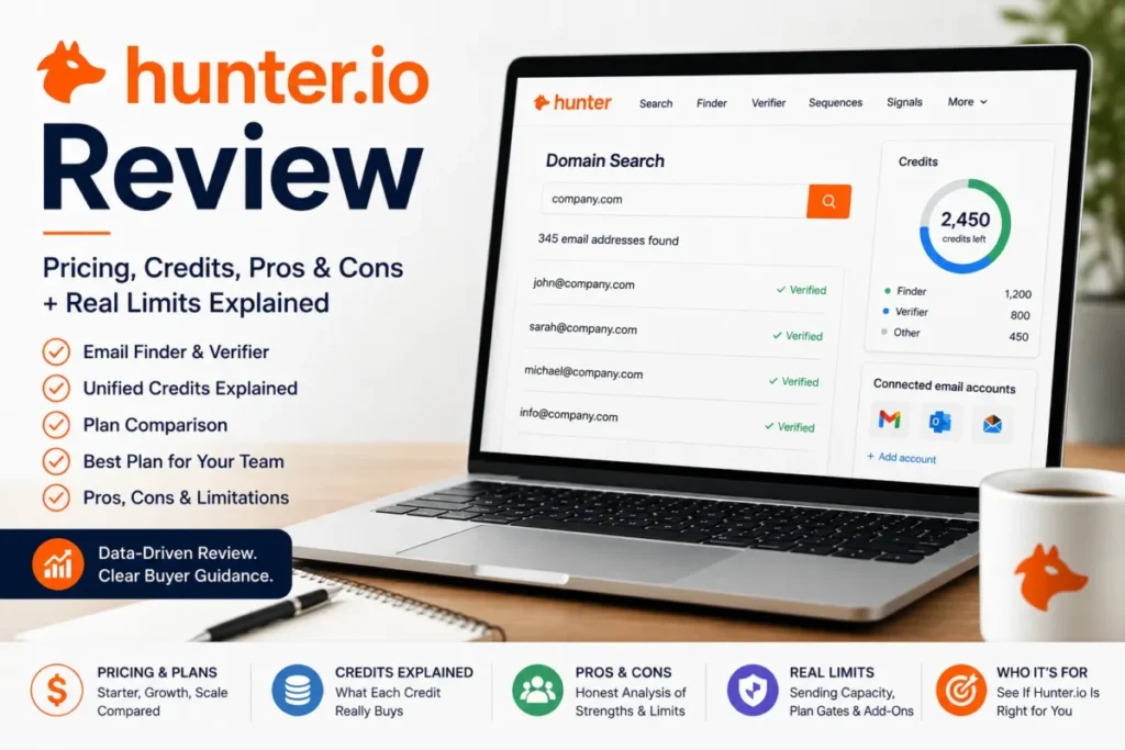 Hunter.io review featured image showing pricing, credits, email finder, verifier, plan comparison, and sending limits
