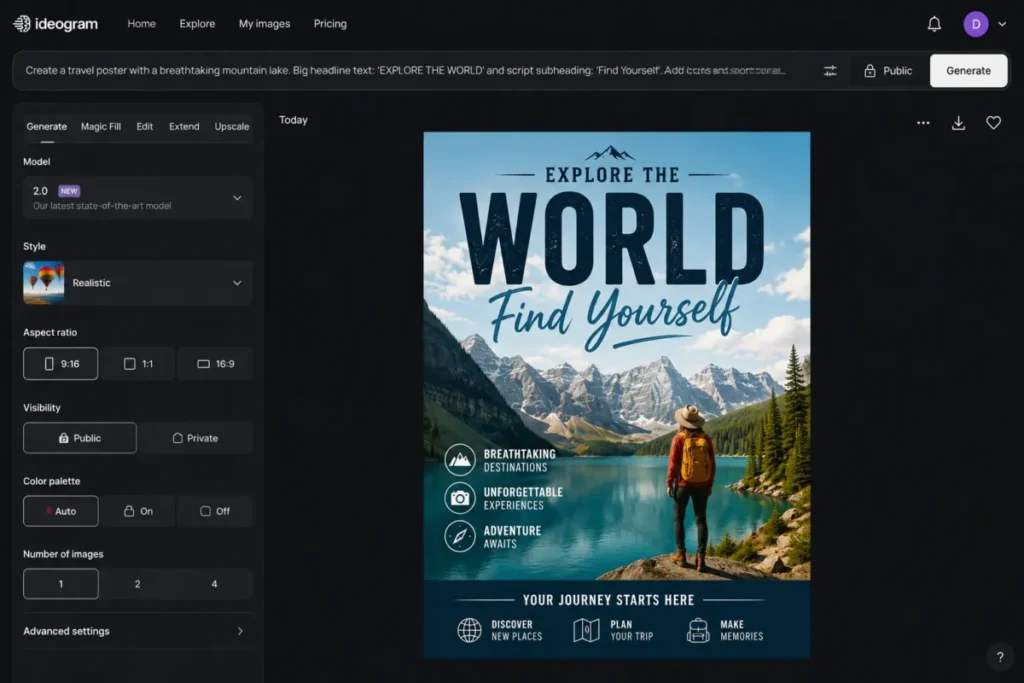 Ideogram web app interface showing a generated travel poster with clean readable headline text