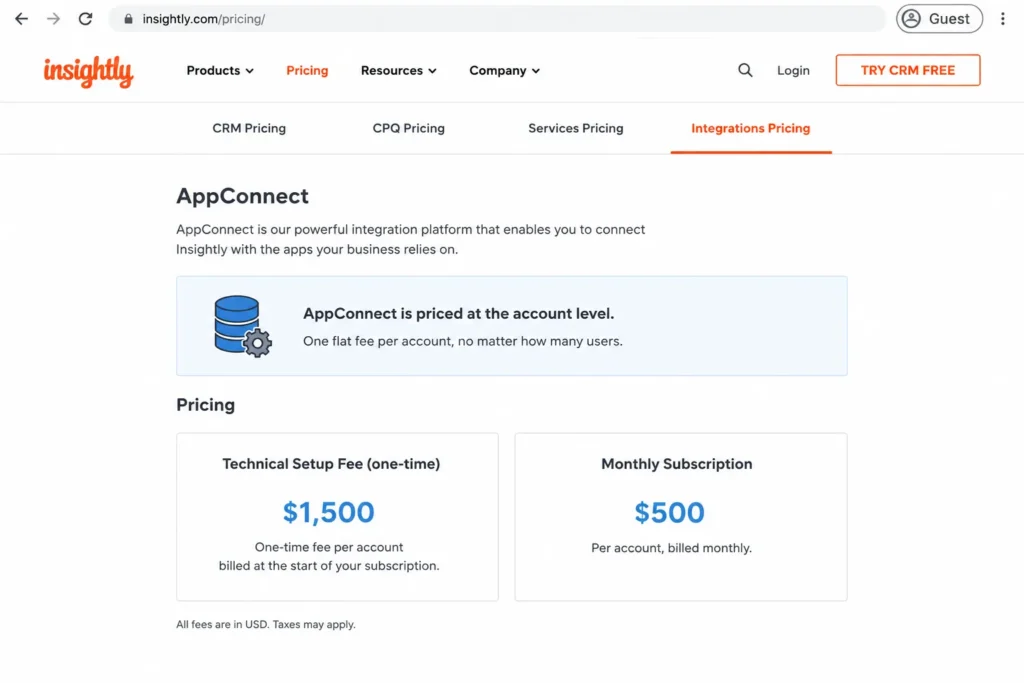 Insightly AppConnect pricing page mockup showing account-level pricing and technical setup fee