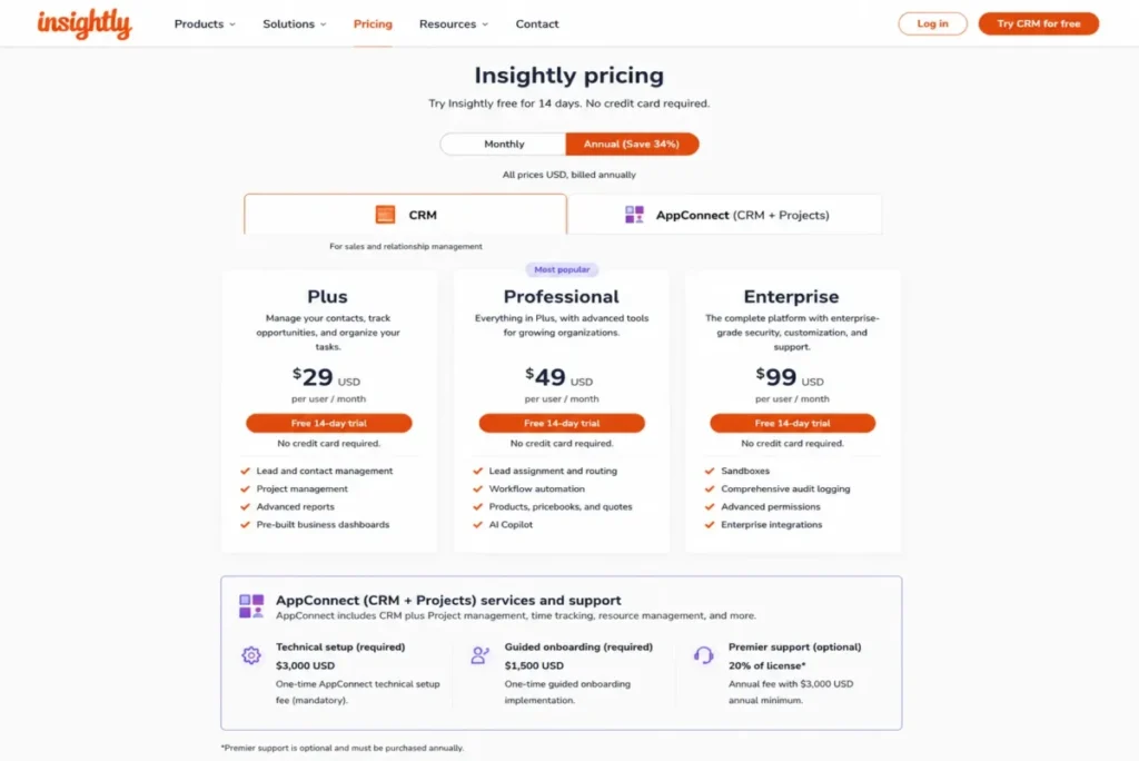 Insightly pricing page showing AppConnect technical setup at $3,000, guided onboarding at $1,500, and Premier support pricing