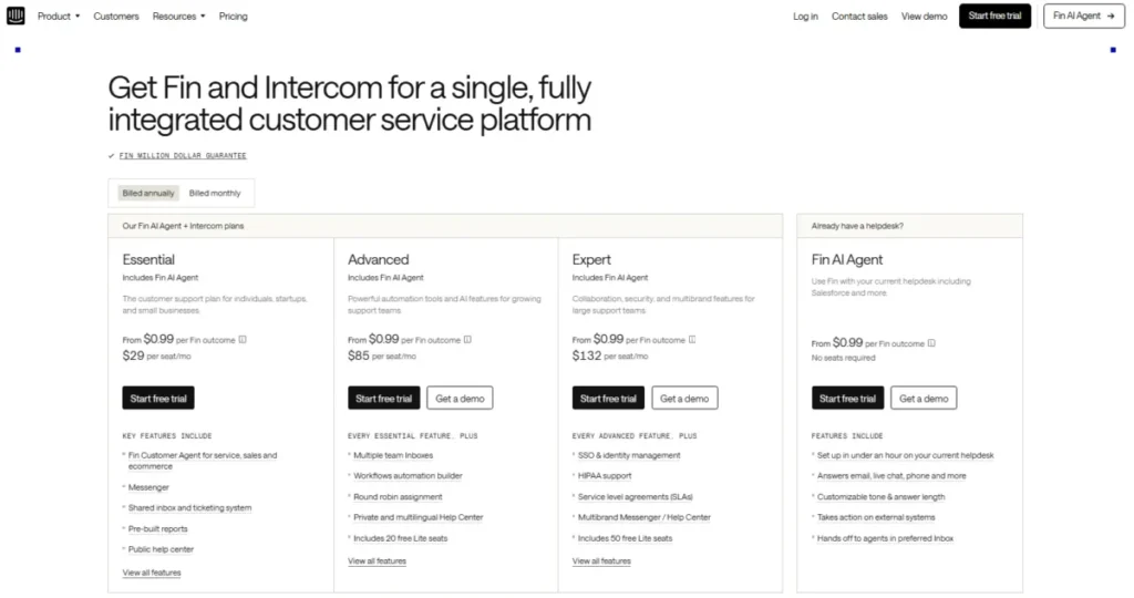Intercom pricing page showing Essential, Advanced, Expert, and Fin AI Agent plans