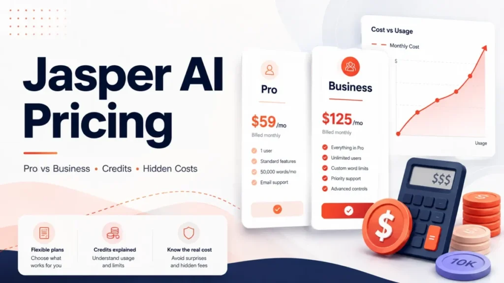 Illustration for Jasper AI pricing showing Pro and Business plans, usage credits, and hidden cost considerations