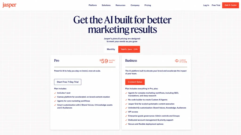Jasper AI pricing page showing Pro at $59 per month per seat billed yearly and Business with custom pricing