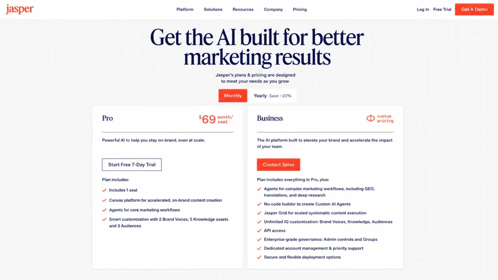 Jasper AI pricing page showing Pro at $69 per month per seat with one seat included and Business with custom pricing
