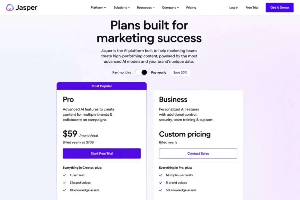 Jasper pricing page showing the Pro plan at $59 per month billed yearly next to the custom-priced Business plan.