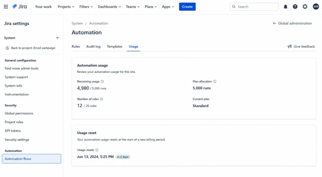 Jira Automation flows Usage screen showing remaining automation runs, plan allocation, and usage reset timing.