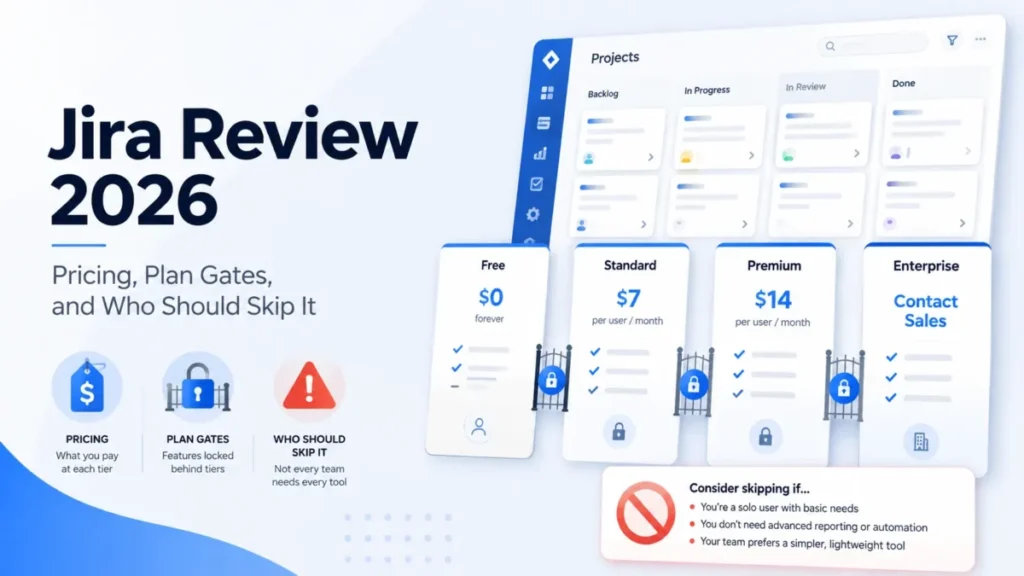 Featured image for Jira Review 2026 showing pricing tiers, gated features, and reasons some teams may skip Jira.