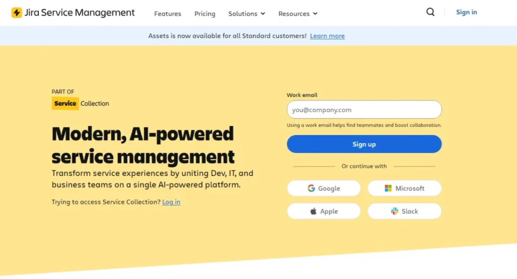 Jira Service Management page showing AI-powered service management sign-up screen